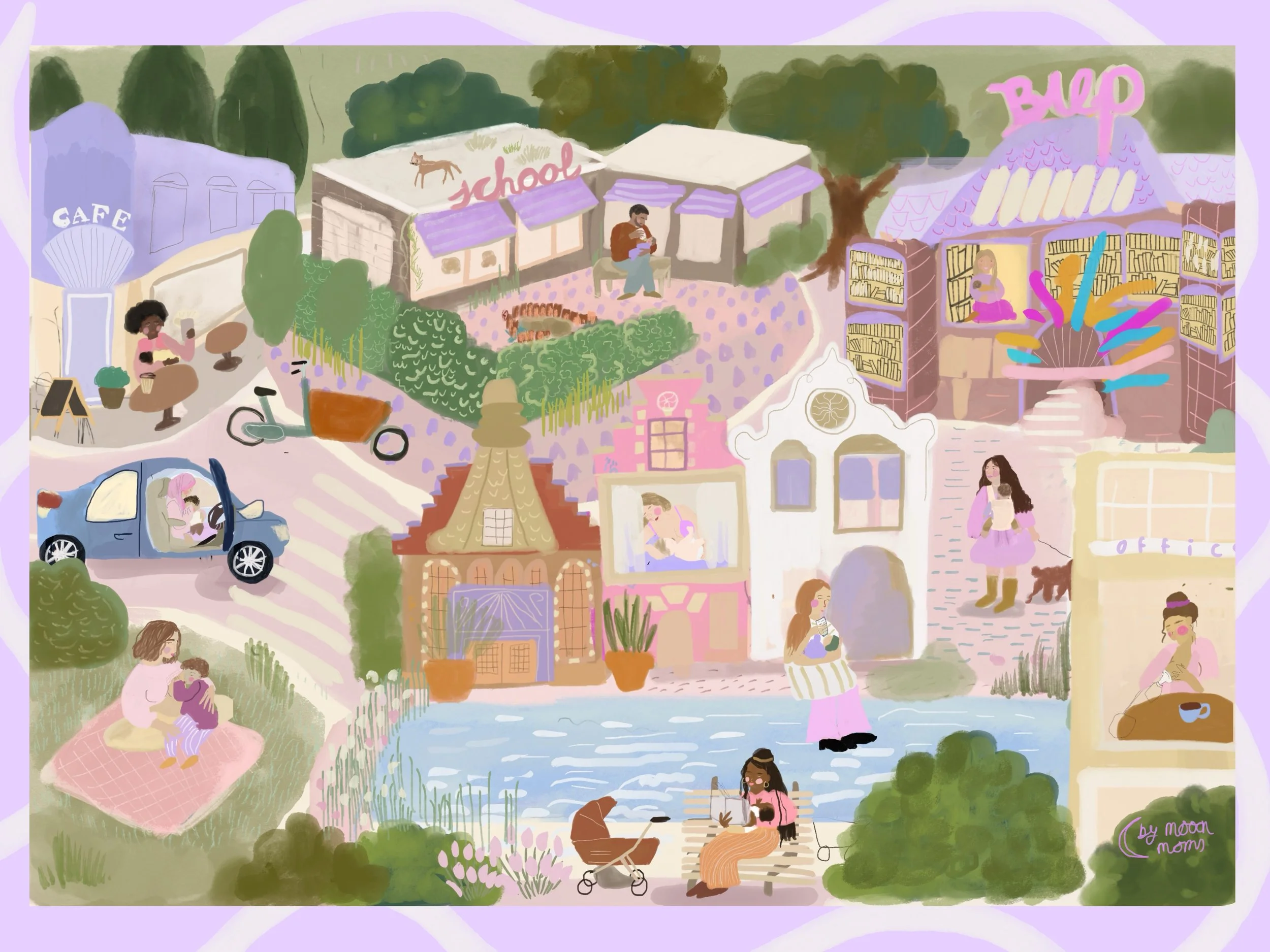 A whimsical illustration of a town scene with various people engaging in activities, including sitting by a lake, walking on a pathway, and reading books. The scene features buildings labeled 'cafe', 'school', and 'book', surrounded by lush greenery,