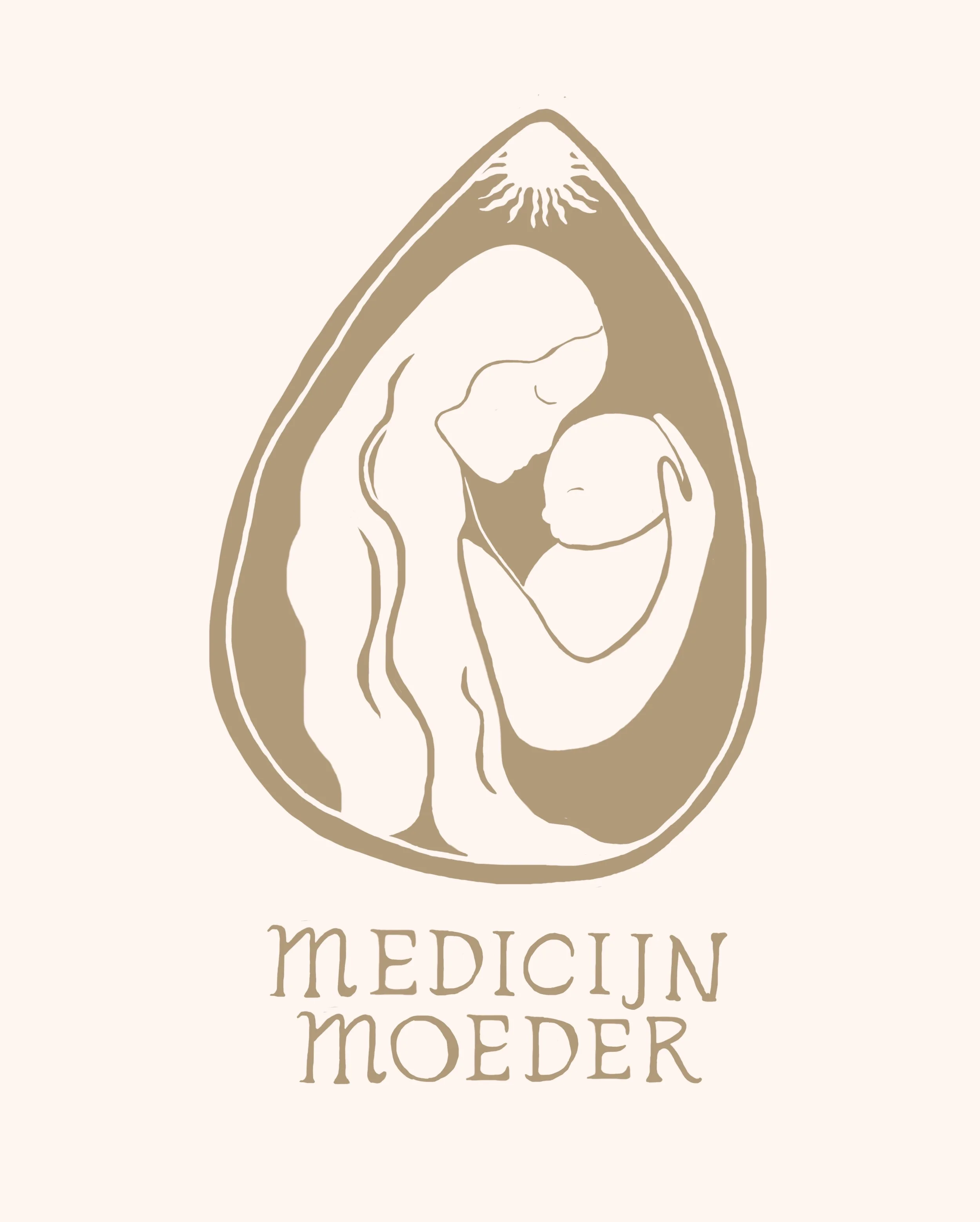 A minimalist illustration of a pregnant woman holding a fetus with the sun shining above her head, and the words "MEDICIN MOEDER" written below.
