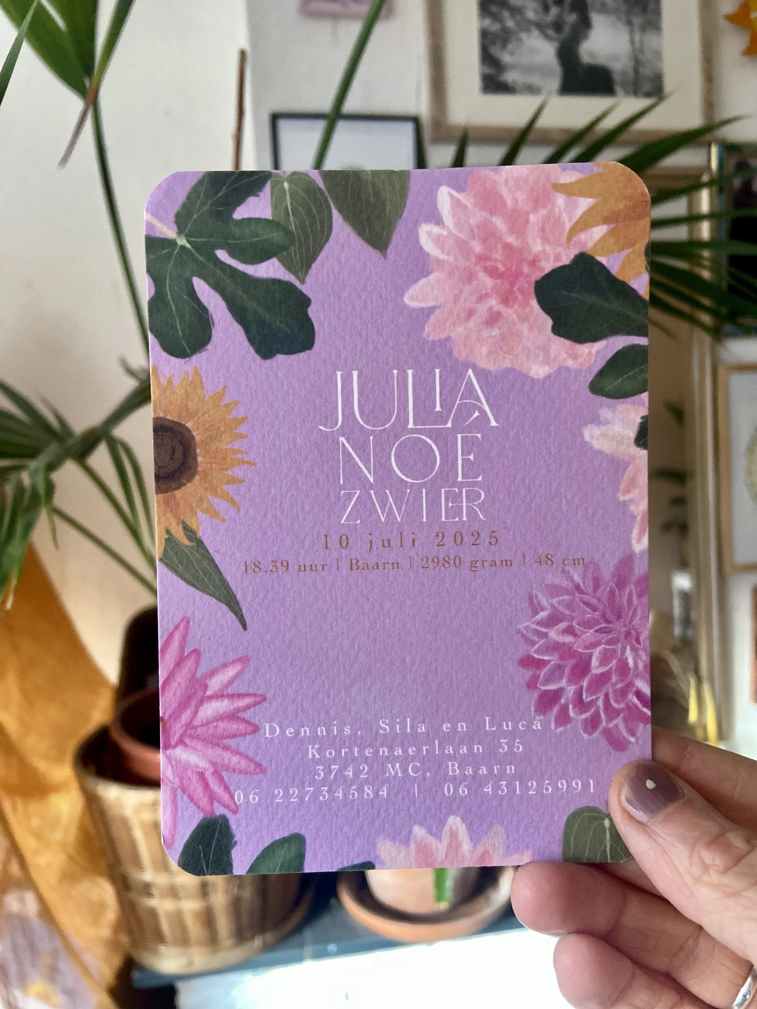Een kleurrijk botanisch stijlvol geboortekaartje met veel planten en bloemen in lila en roze, uniek ontworpen door een vrouwelijke illustrator uit Utrecht. Een geboortekaartje met een uniek design illustratie gebaseerd op persoonlijk verhaal.