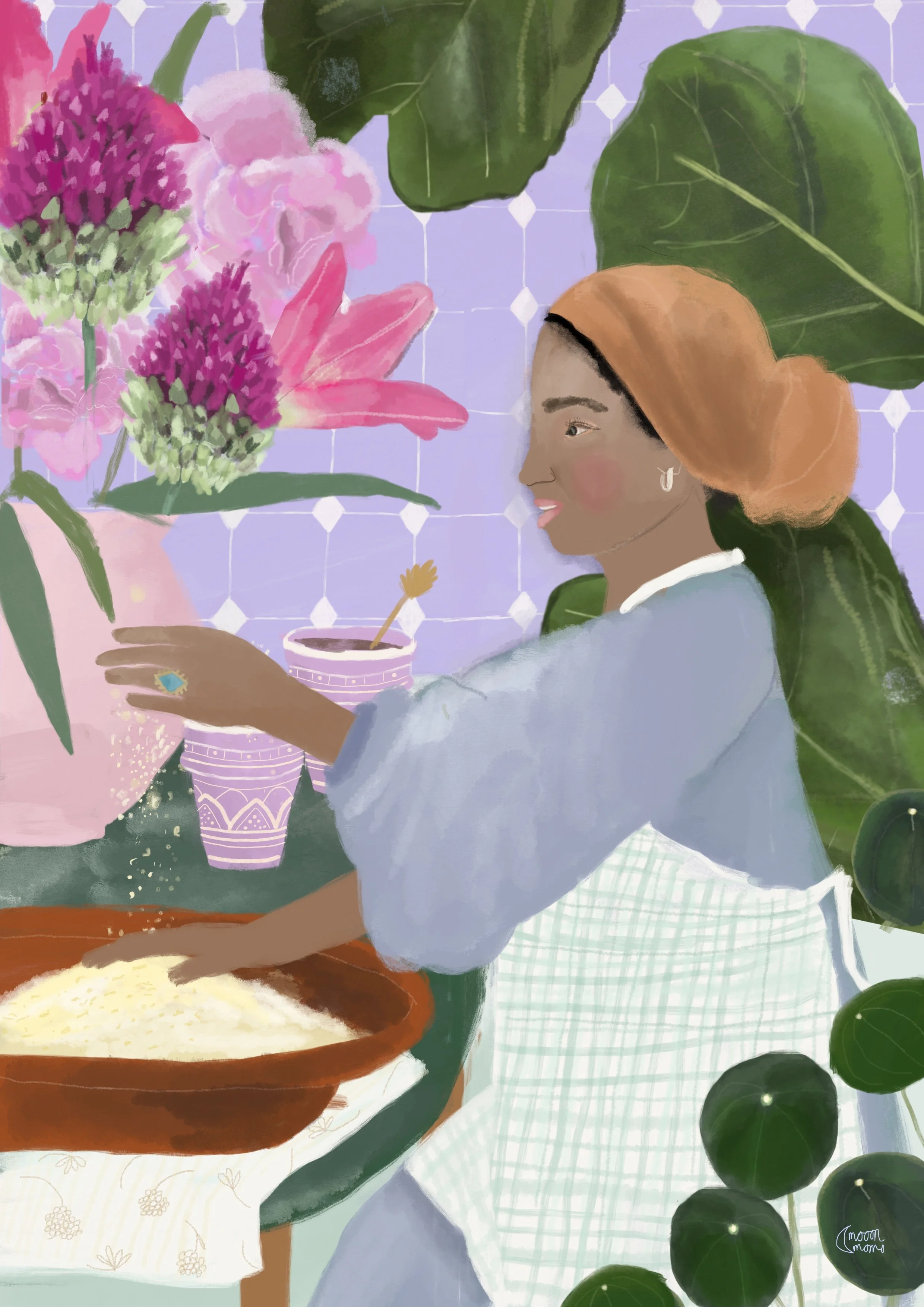 A woman with orange hair, wearing earrings and a grayish-green apron, is preparing food in a kitchen decorated with pink and purple flowers, large green leaves, and a purple tiled wall. She is smiling and focusing on her task.
