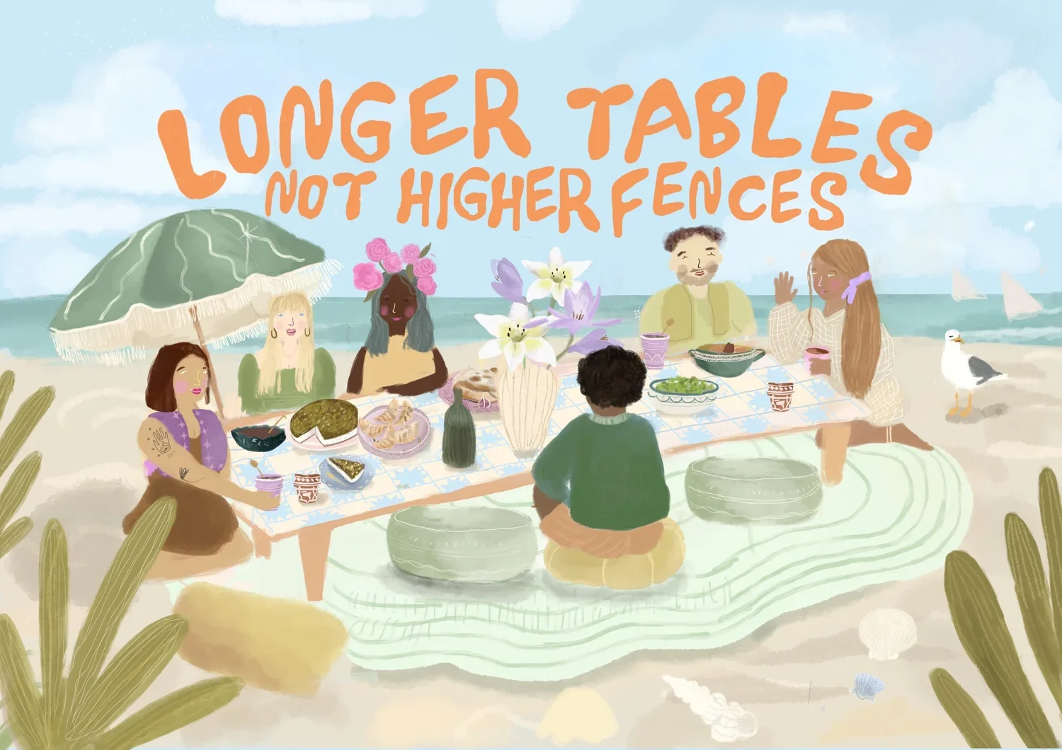 An illustration of a diverse group of people having a picnic on the beach, sitting around a table filled with food. The background shows the ocean with sailboats and a seagull, and there is a large beach umbrella and green plants around the scene. Th