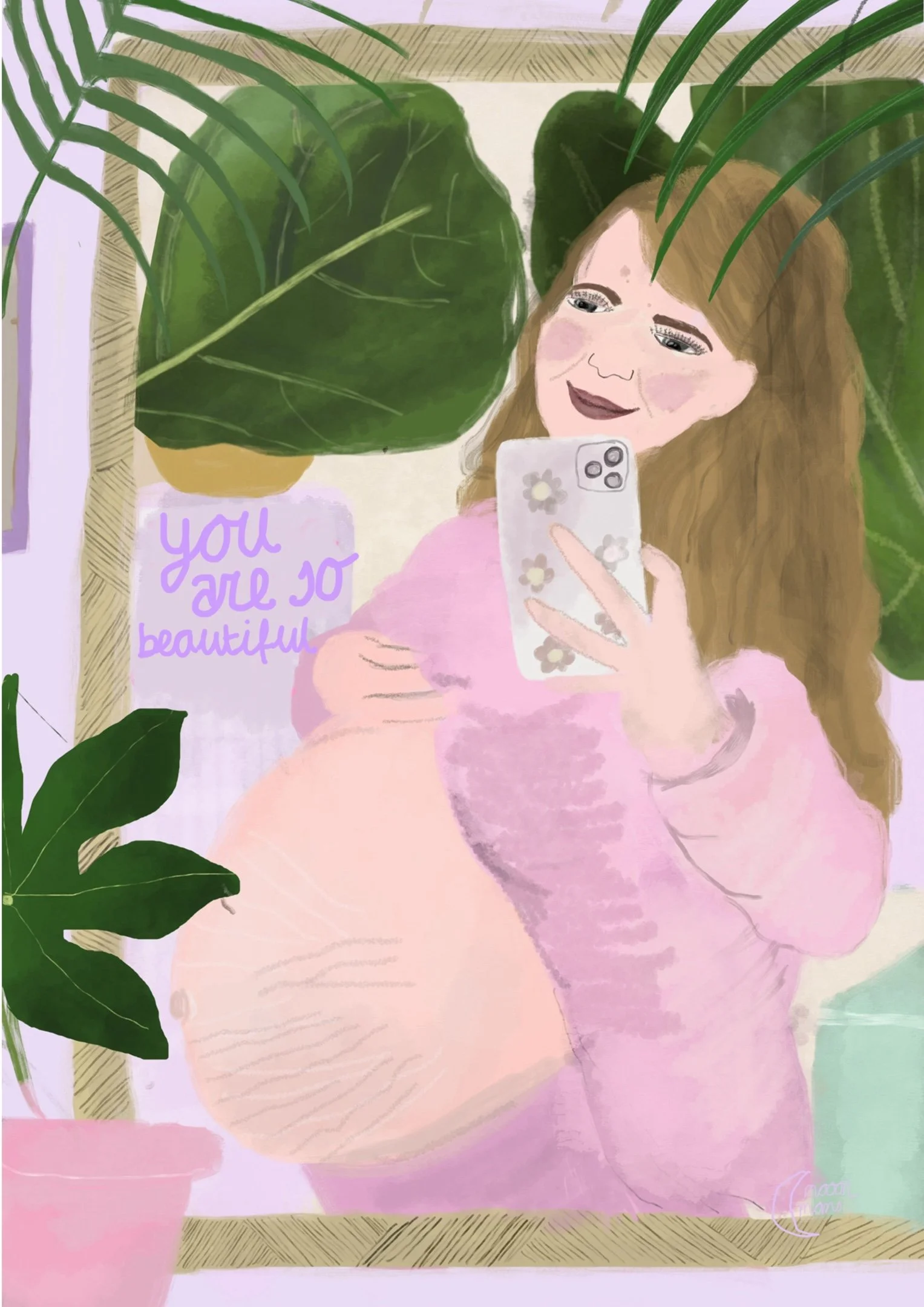 A woman with long, light brown hair taking a selfie in front of a mirror surrounded by green plants with large leaves. She is smiling and wearing a pink top. There is a handwritten note on a piece of paper that says, 'You are so beautiful.'
