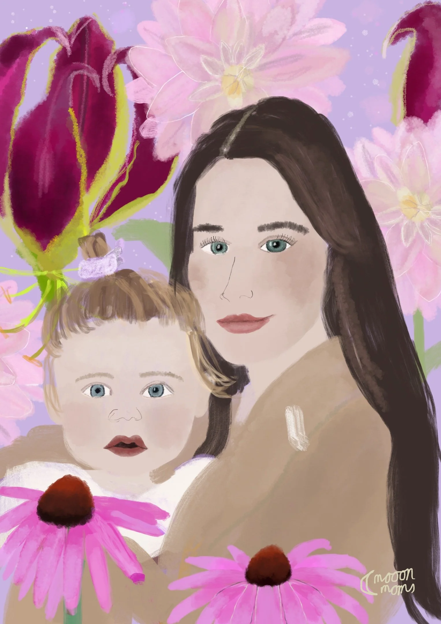 A digital illustration of a woman with long dark hair and blue eyes, surrounded by pink flowers and a child with blonde hair and blue eyes. The background is pastel purple with pink flowers, and there is a signature reading 'moon moms' in the bottom 