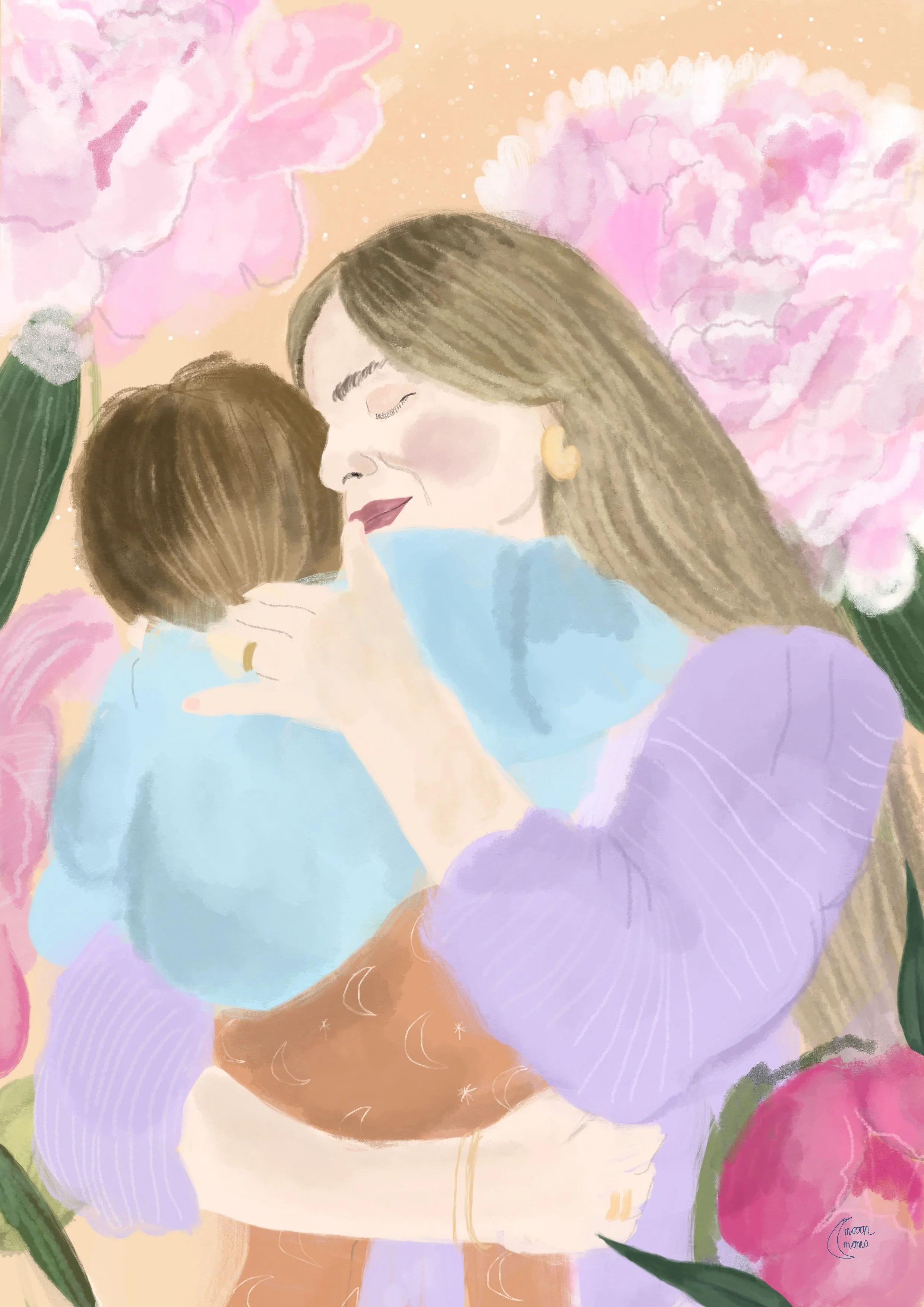 A watercolor painting of a woman with long brown hair and closed eyes, hugging a child with short brown hair. They are surrounded by large pink and purple flowers with green leaves, with a softly colored background featuring small white stars and cre