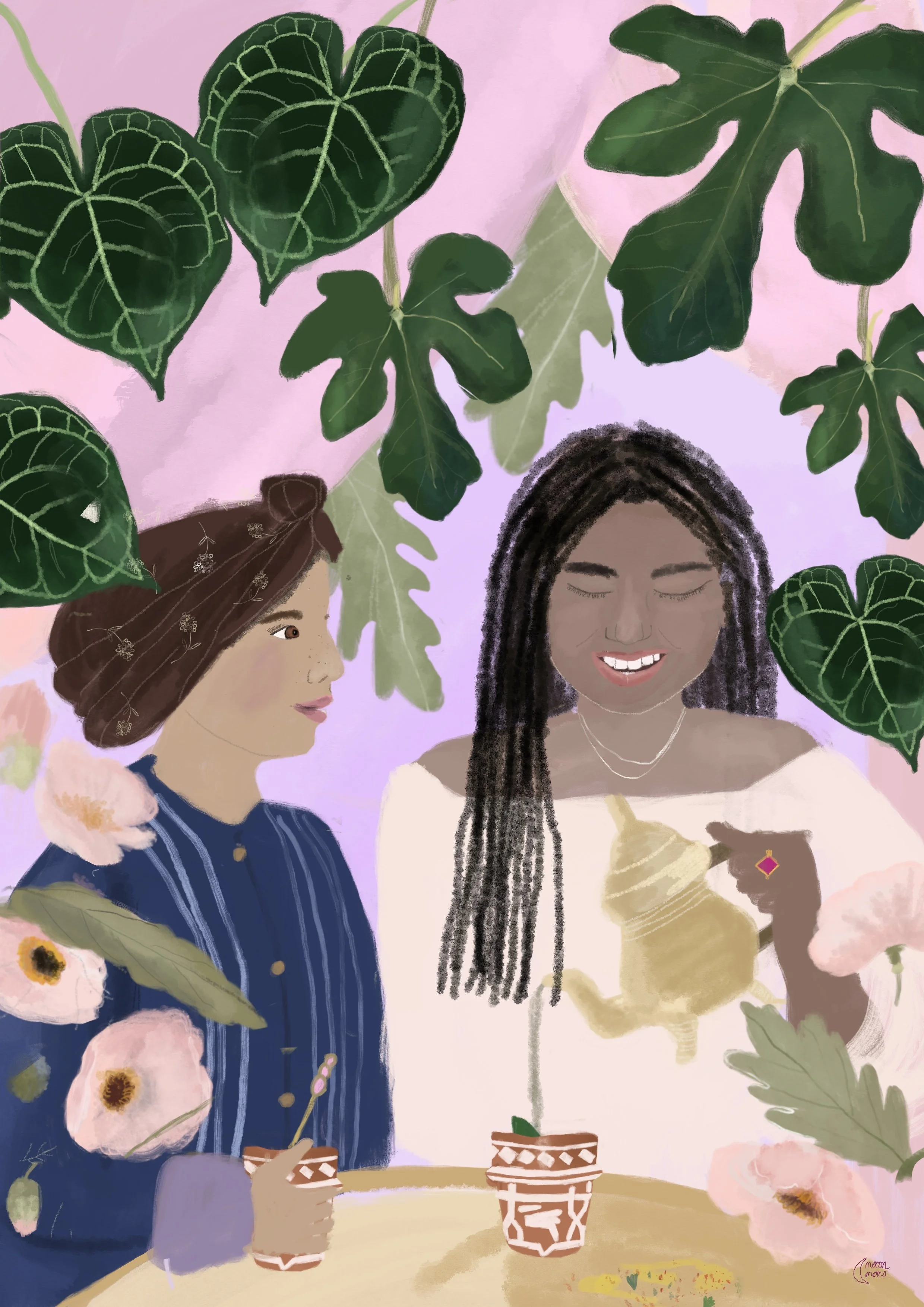 An illustration of two women with dark curly hair, one with long braids, smiling, with leafy plants and pink flowers surrounding them. One woman holds a cup with a geometric pattern, and there are two similar cups on the table. The background is past