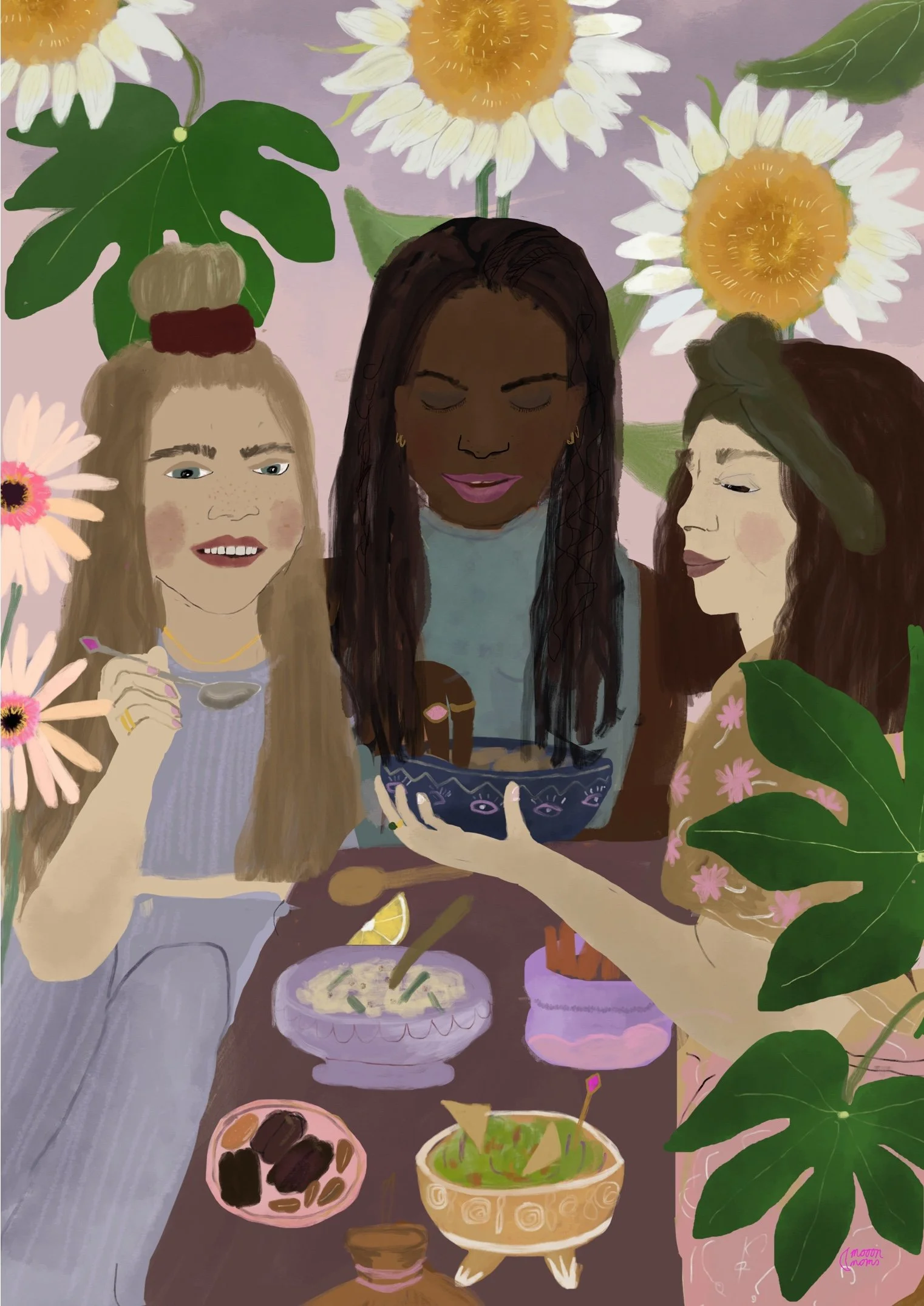 Digital illustration of three women sitting at a table with flowers and food in front of them. The women have different skin tones and hair types, and are enjoying a meal together.