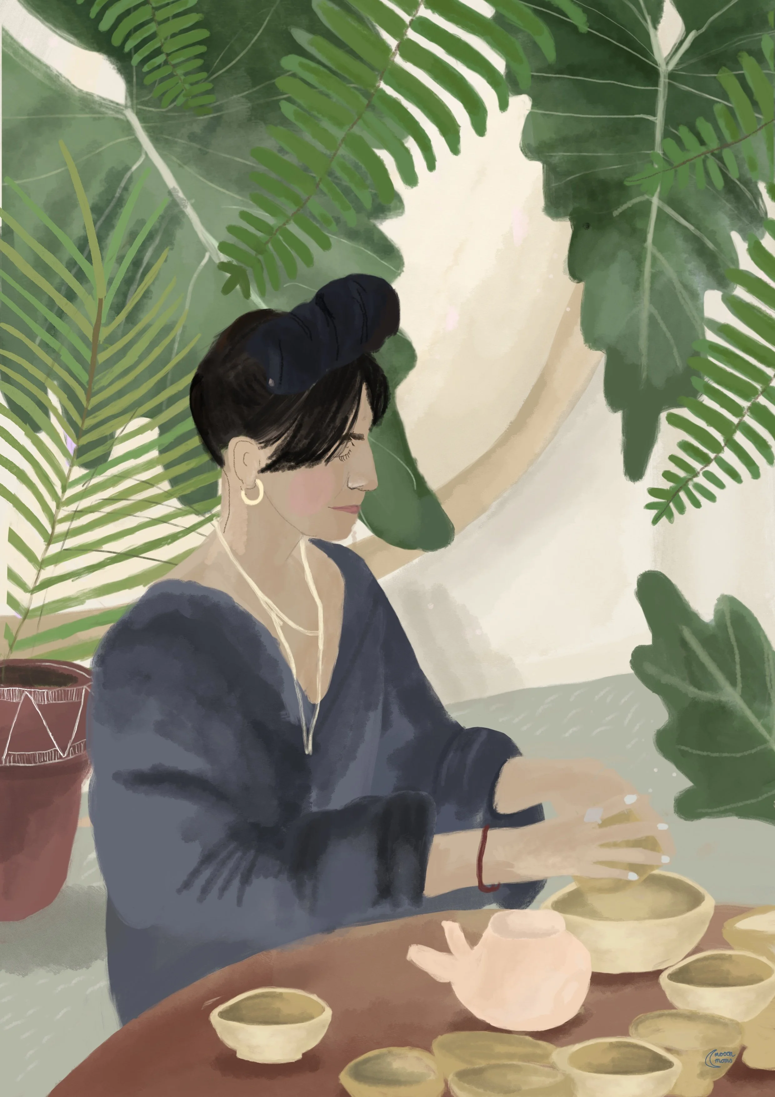 An illustrated woman with short black hair, wearing earrings, begins to pour tea from a teapot into cups on a table. Large green leafy plants surround her backdrop.