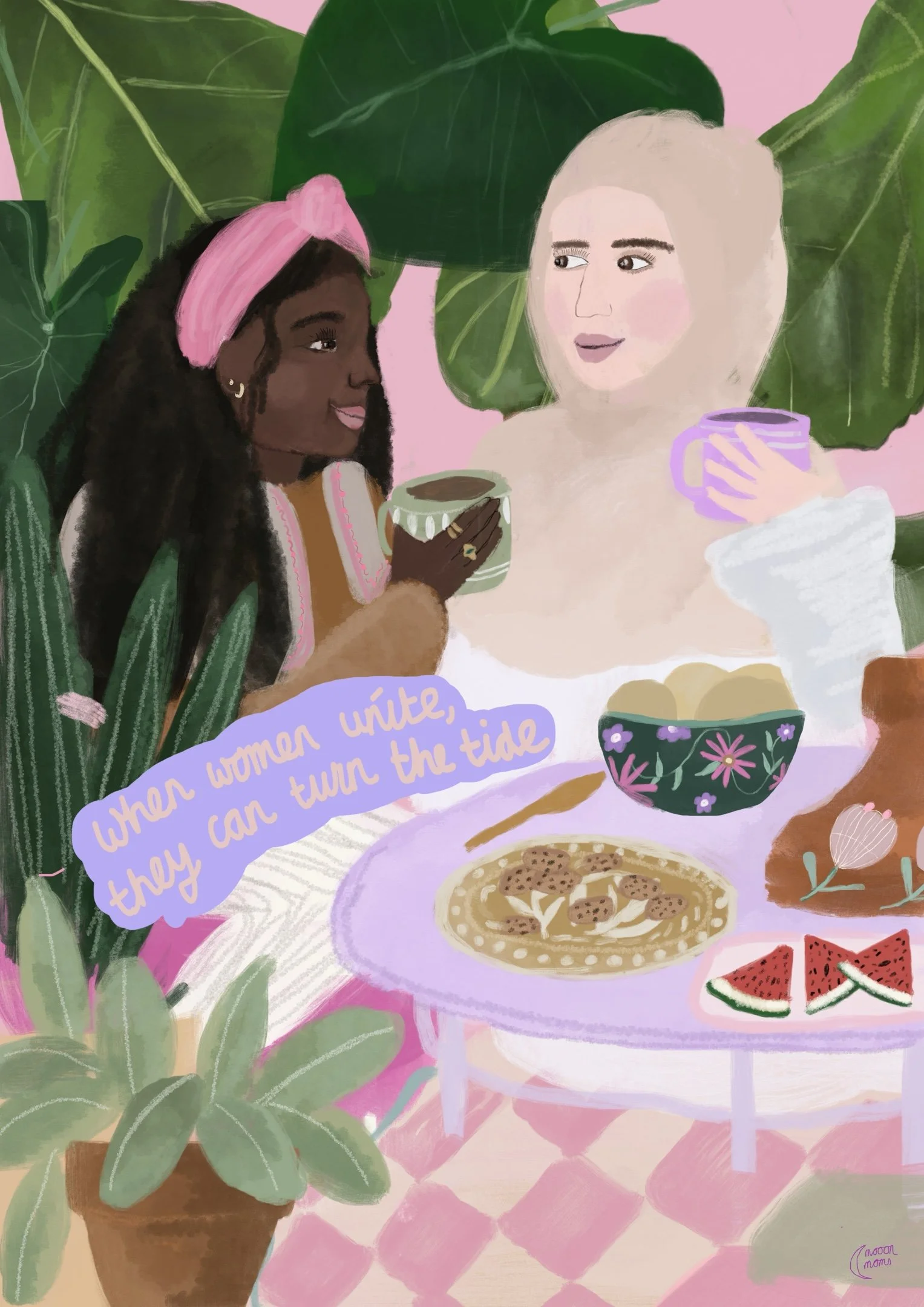 Digital illustration of two women with large green leaves behind them. One woman has dark skin, curly hair with a pink headscarf, and is holding a cup of coffee. The other woman has light skin, blonde hair, and is holding a purple mug. The table in f