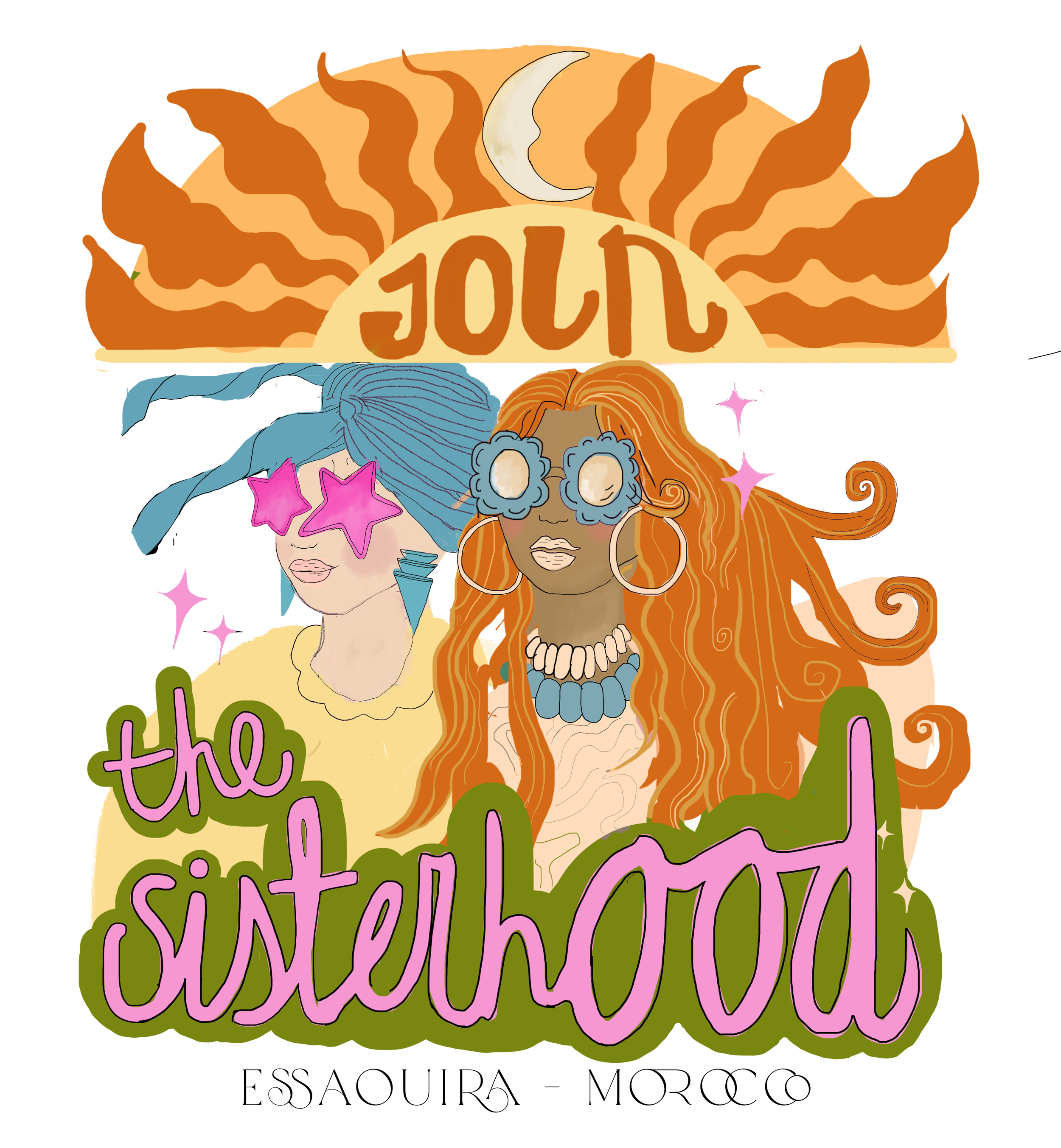 Illustration of a woman with long blue hair, wearing pink star-shaped sunglasses, holding a lollipop, with a skeleton woman with large earrings and valentines around her. The background has text in pink and purple words.