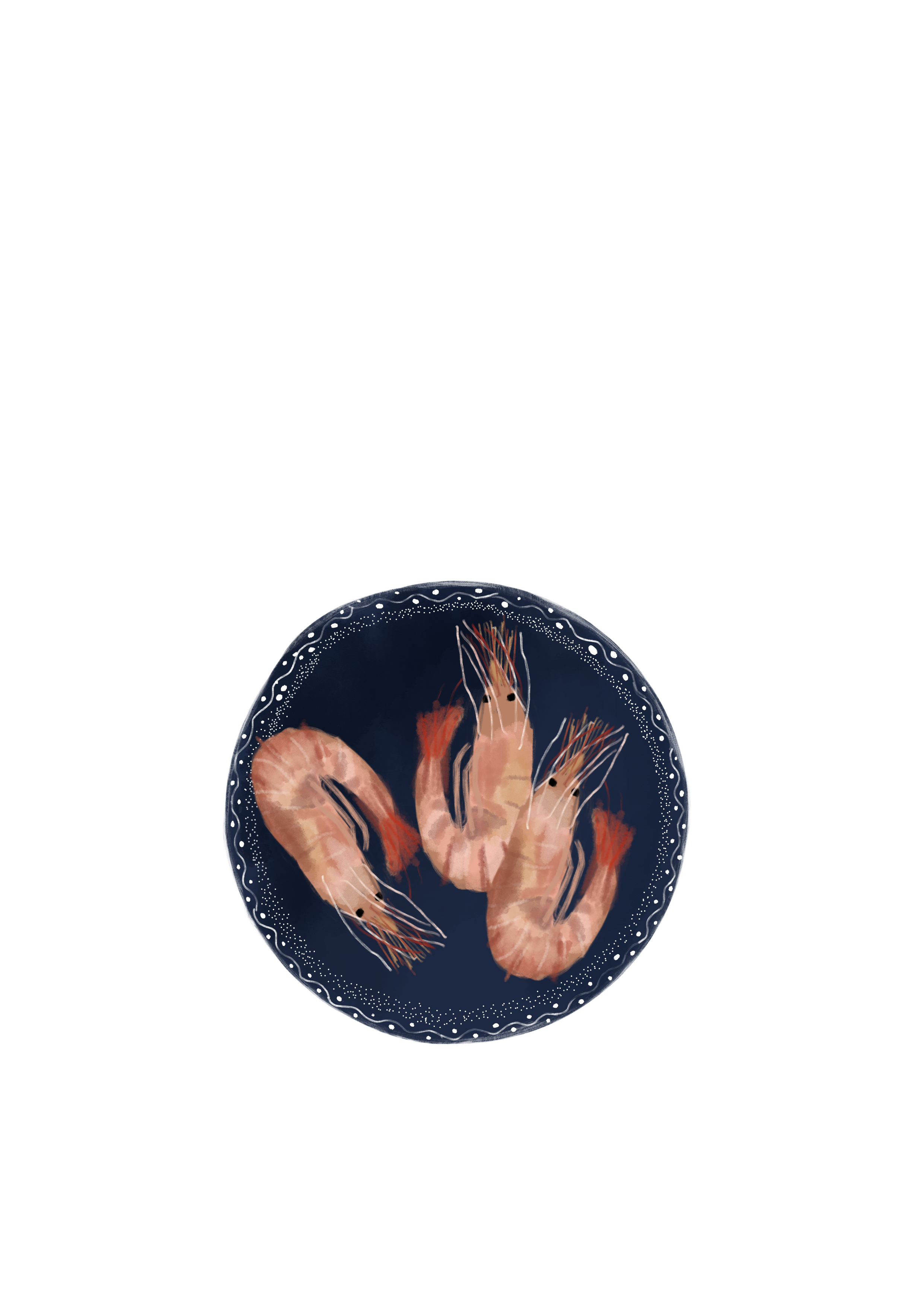 A digital painting of a round, dark background featuring three shrimp curled in a circle, garnished with white dotted borders and decorative elements.