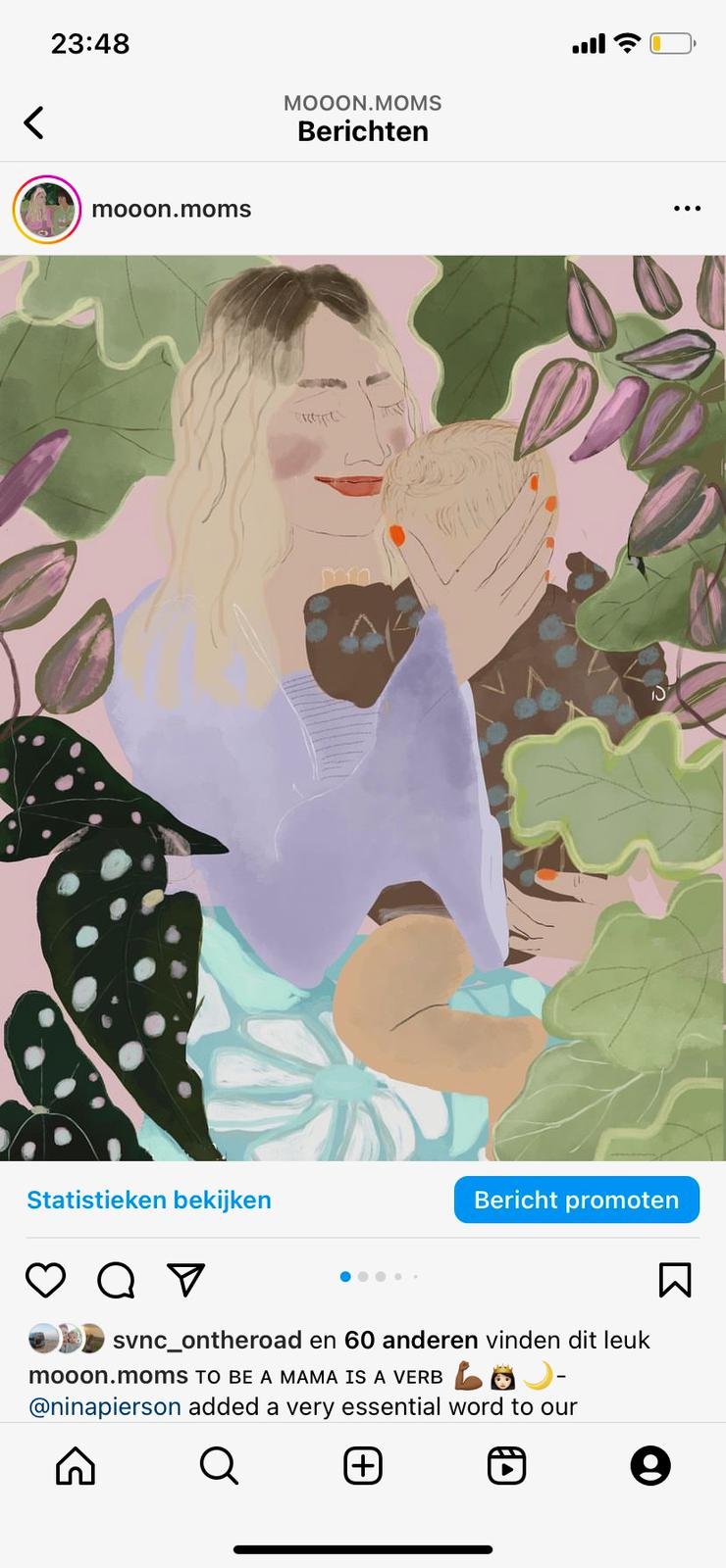 Digital illustration of a woman with blonde hair holding a small baby, surrounded by large green and purple leaves.