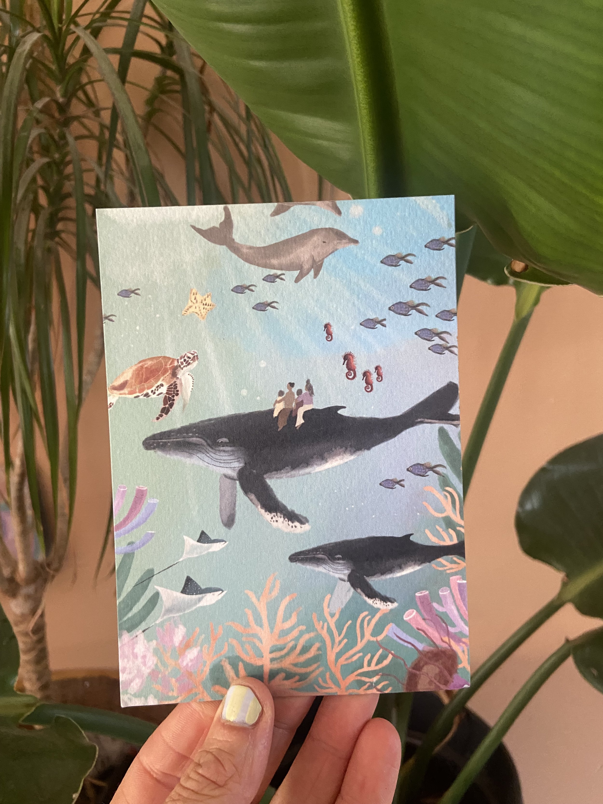 Een persoonlijk handgetekend geboortekaartje, met een afbeelding van leven in de oceaan met een walvis, een schildpad, dolfijnen en andere dieren die leven in de zee. 