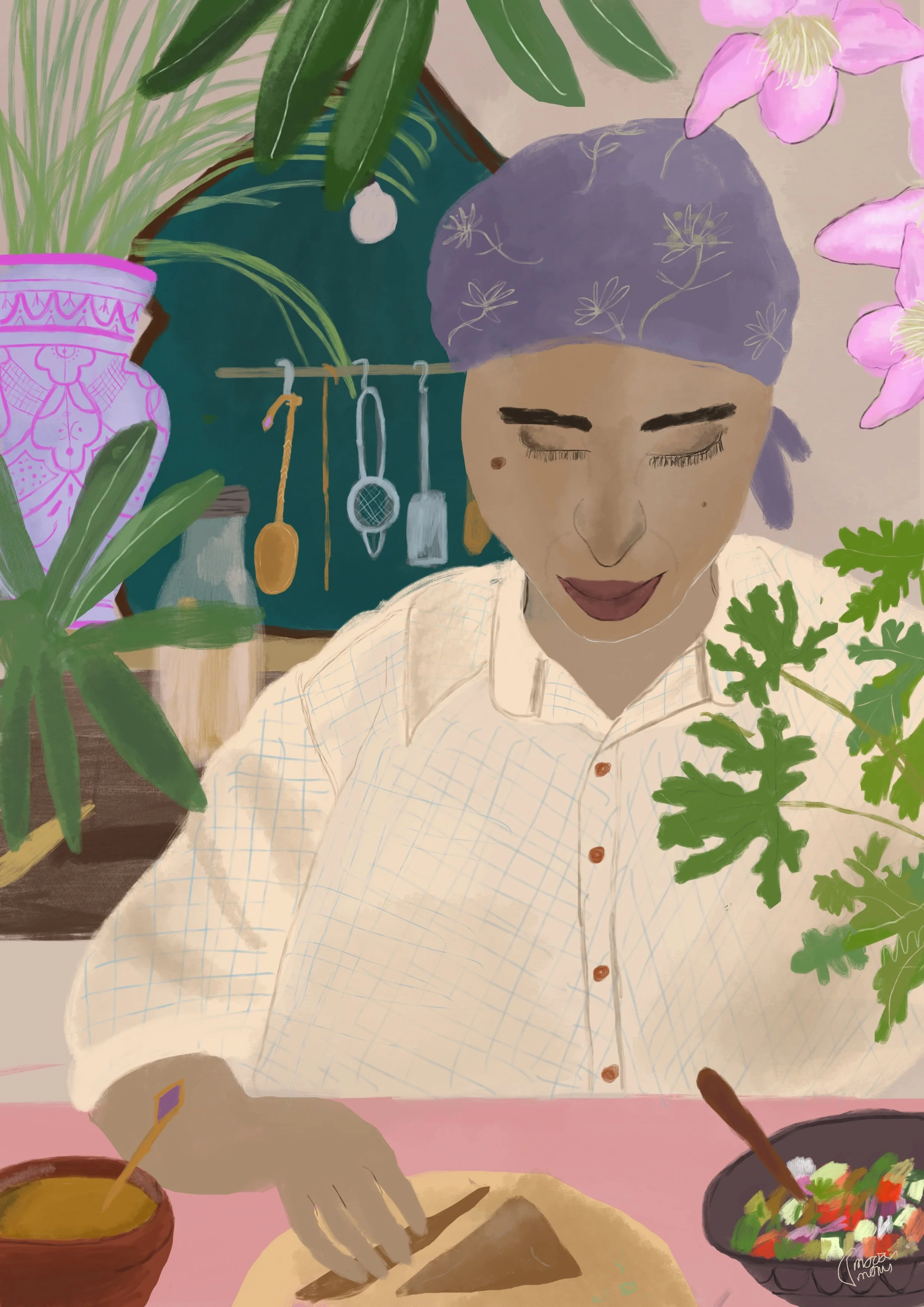 A woman with a purple headscarf and closed eyes is preparing food at a table. She is slicing a vegetable or bread on a cutting board. The table has a bowl of salad, a bowl of sauce or soup, and salt or spice container. Background includes green plant