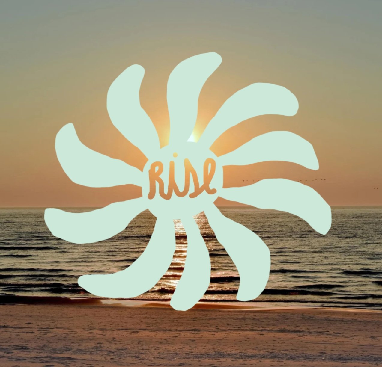 Sunset over the ocean with a stylized graphic of a flower and the word 'rise' in the center.