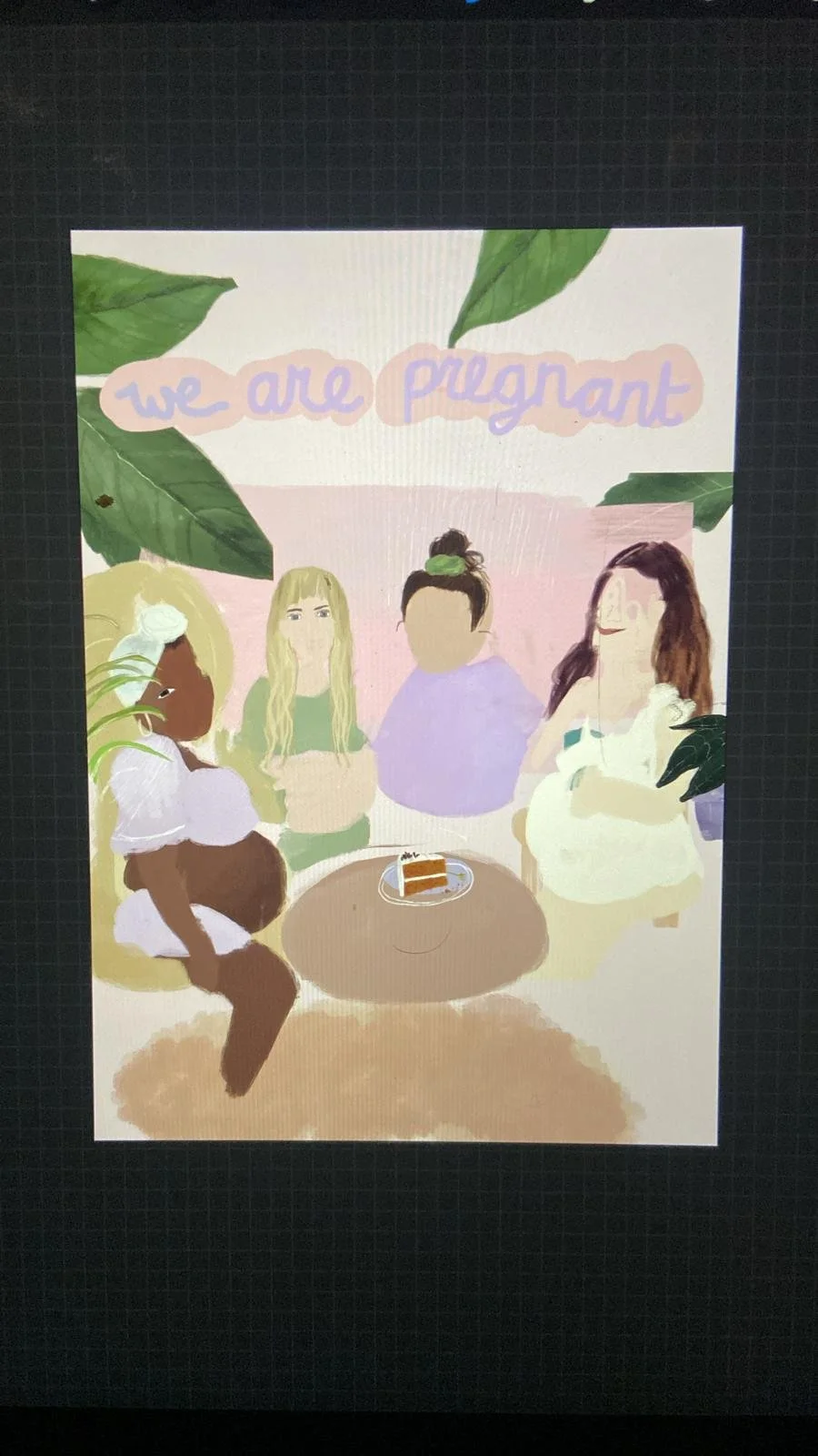 An illustrated drawing of four women sitting around a table with a piece of cake on a plate, surrounded by large green leaves, with the text 'we are pregnant' at the top.