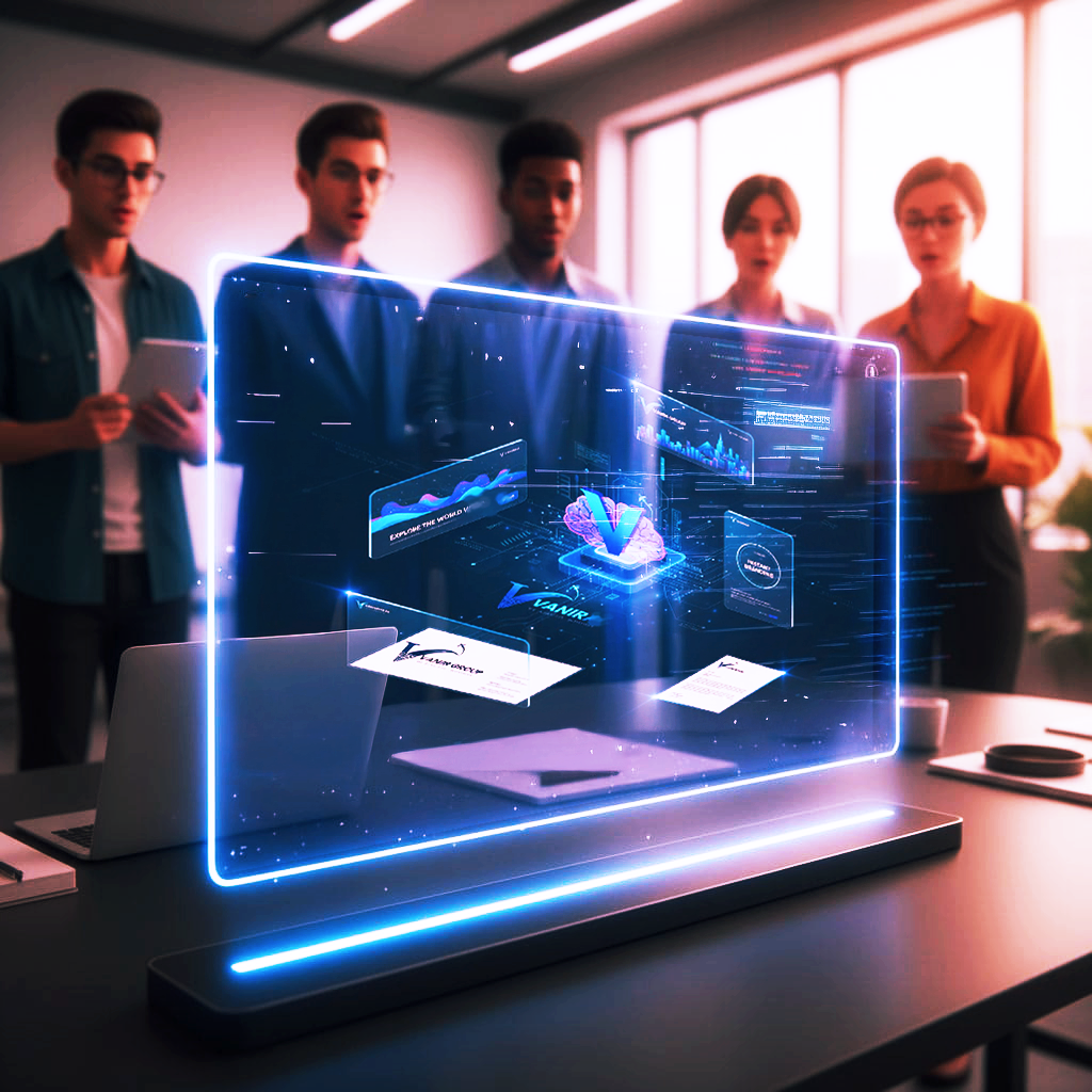 Group of five people in a conference room observing a holographic display showing digital graphs and data.
