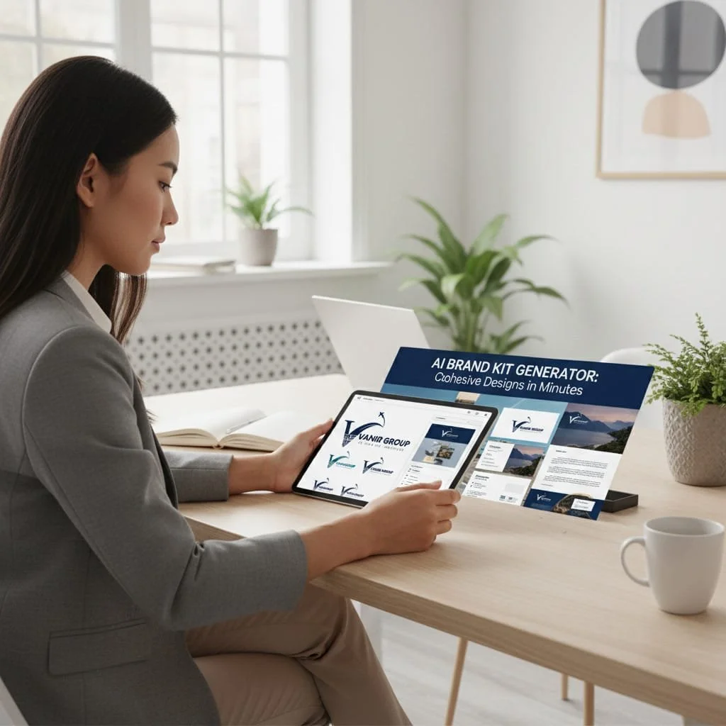 A woman in a gray blazer and beige pants sitting at a light wood desk, working on a tablet displaying a branding presentation for Vanir Group. On the desk are a open book, a white mug, and a plant in a white pot. In the background there is a window with sunlight, a potted plant, and abstract wall art.