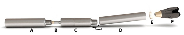 A silver-colored battery-powered electric toothbrush with labeled parts A to F, including a brush head attachment at the end.