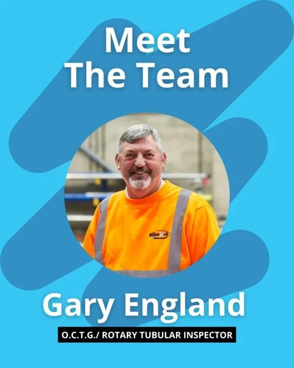 A graphic introducing Gary England as a team member, with a photo of him smiling and wearing an orange high-visibility shirt, set against a blue background with the text "Meet The Team" and his name, along with his title, "O.C.T.G./ Rotary Tubular Inspector."