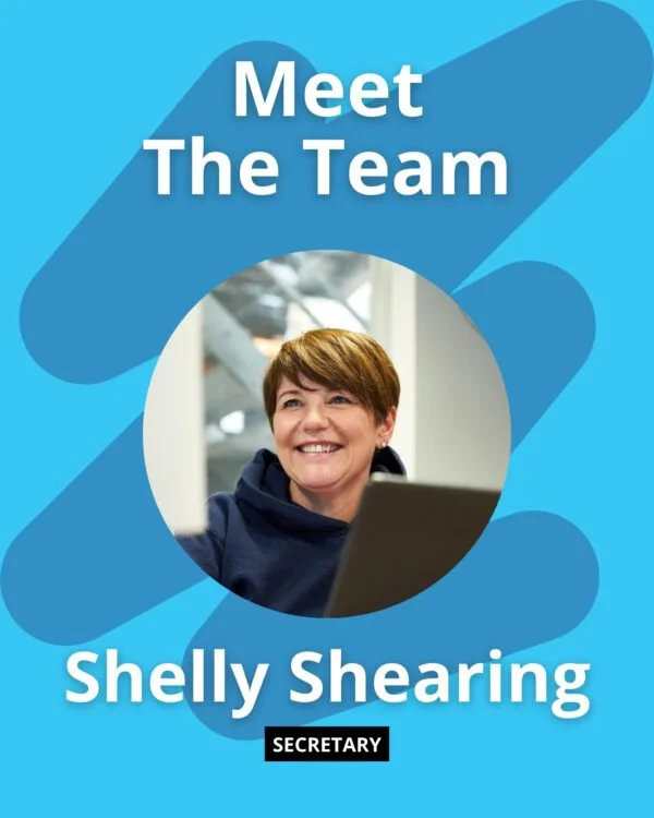 A promotional graphic introducing Shelly Shearing as a team member and secretary, featuring her smiling photo and a blue background with abstract shapes.