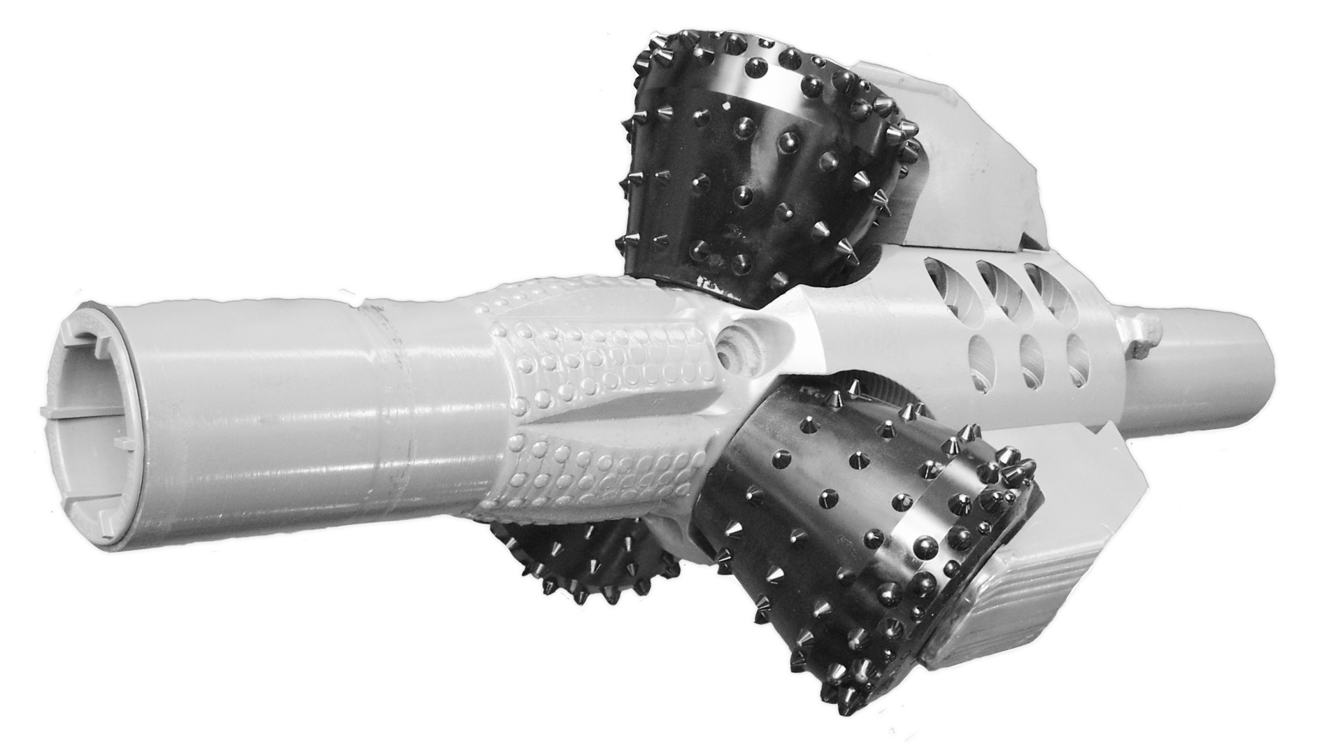 Close-up of a robot drill bit with multiple rotating heads, used for drilling or milling.