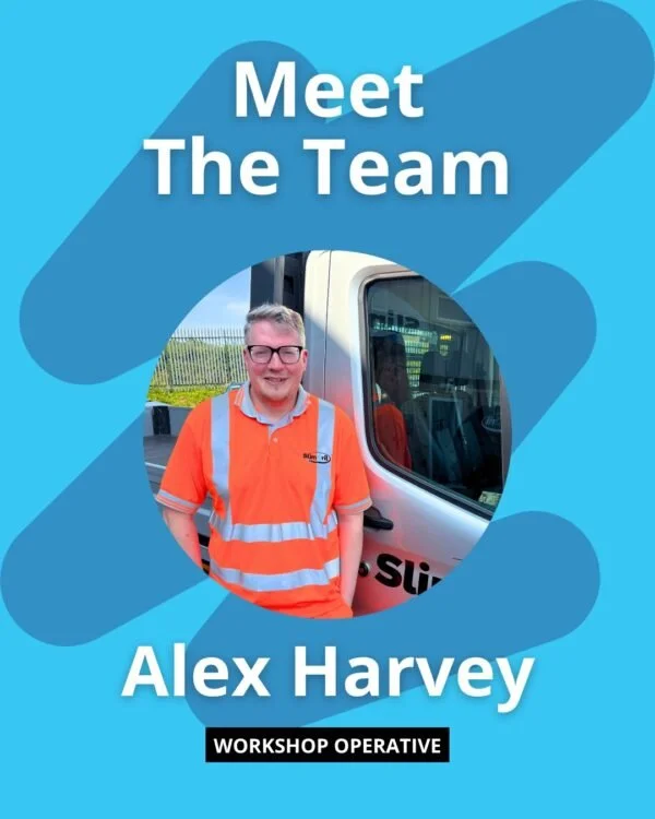 A promotional graphic featuring Alex Harvey, a workshop operative, posing in front of a vehicle while wearing an orange safety vest.