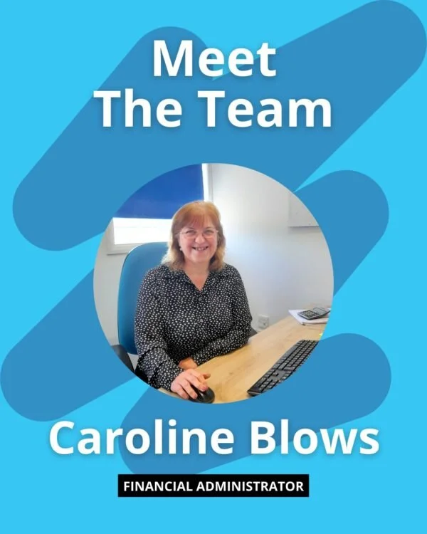Meet the team featuring Caroline Blows, a financial administrator, sitting at her desk smiling in an office setting.