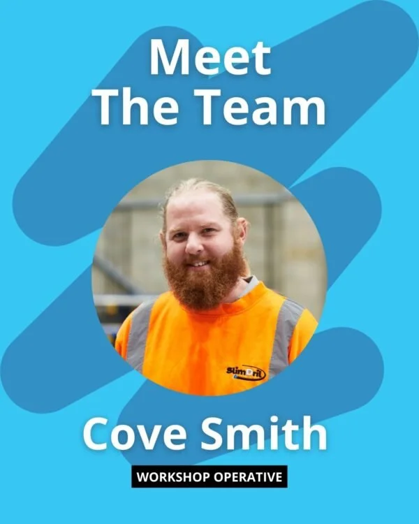 A graphic introducing Cove Smith as a workshop operative. The background is blue with abstract dark blue shapes. In the center, there is a photo of Cove Smith with a beard, wearing an orange safety vest, smiling.