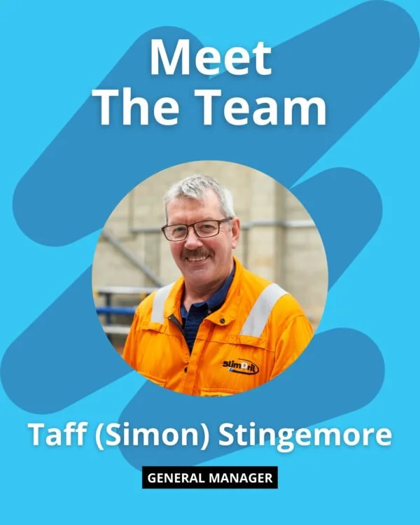 Meet the team poster featuring Taff (Simon) Stingemore, general manager, wearing glasses and an orange safety jacket.