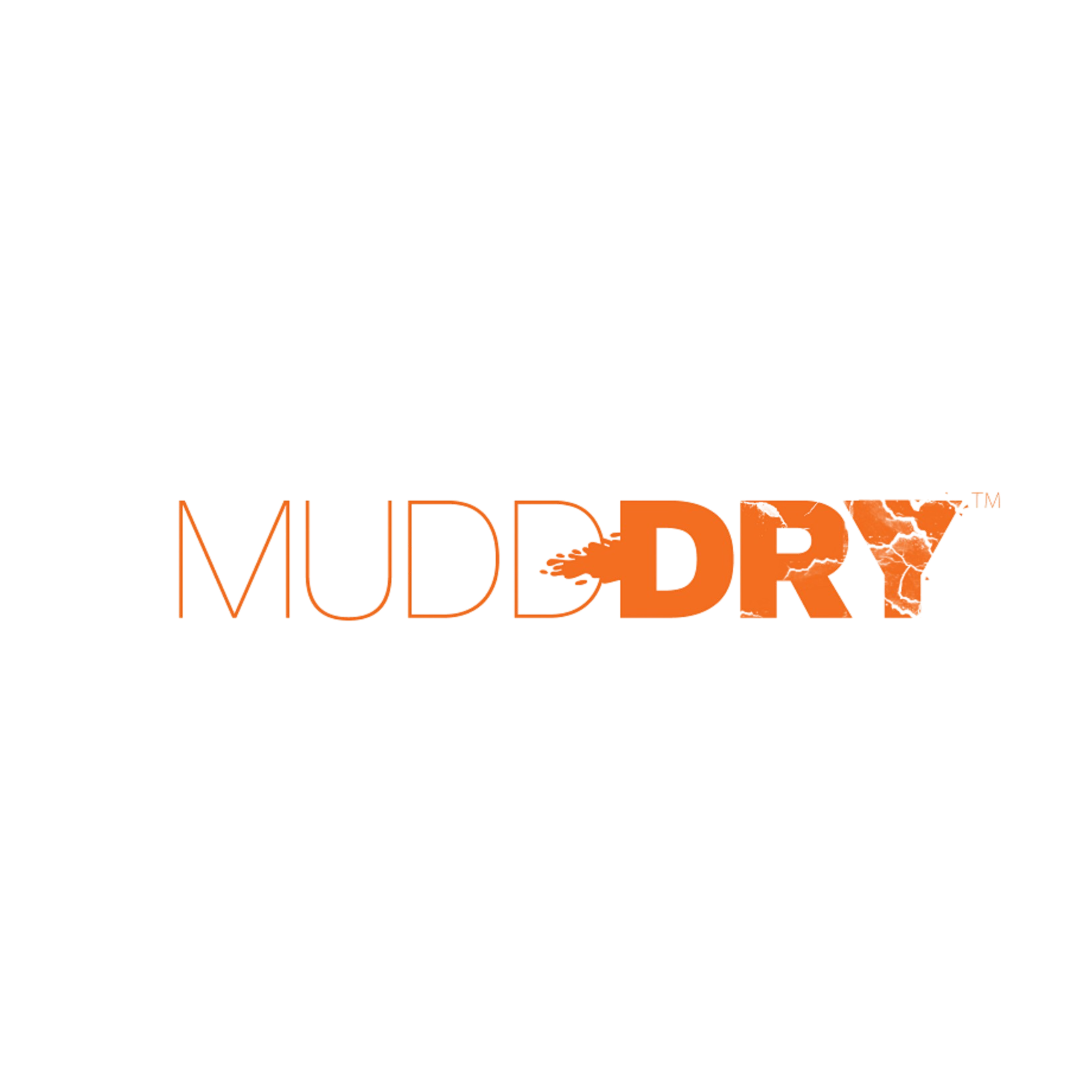 Muddry logo with stylized text in orange and black, featuring a splash effect on the
