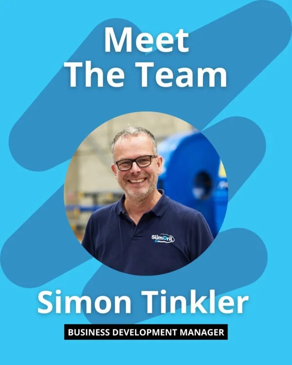 Business card featuring a photo of Simon Tinkler, Business Development Manager, with a blue background and the text 'Meet The Team'