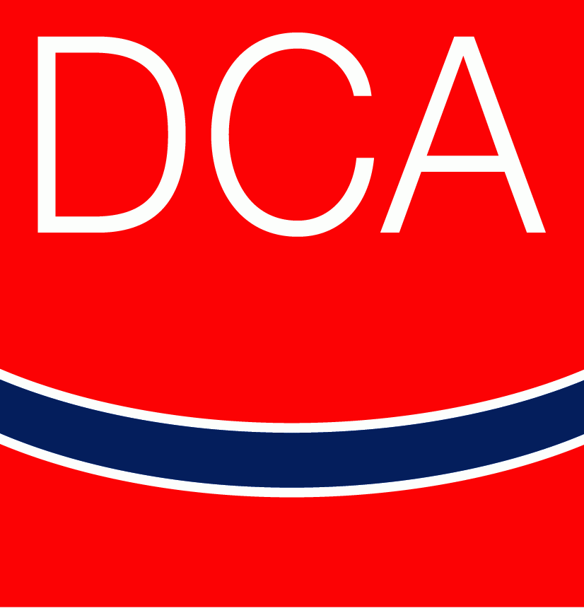 A red and navy graphic with the text 'DCA' in large white letters