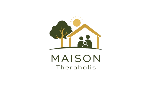 Logo de la maison écologique avec arbre, soleil, maison, piscine et texte "MAISON Tranquille".