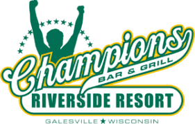 Logo for Champions Bar & Grill Riverside Resort in Galesville, Wisconsin, featuring a silhouette of a fan with raised arms and stars.