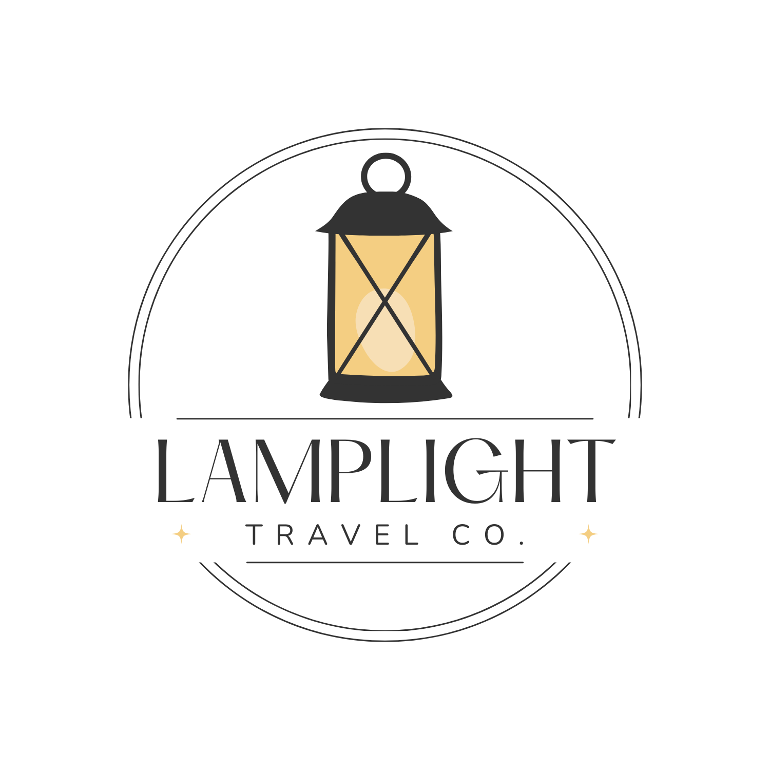 Logo for Lamplight Travel Co. featuring a black and yellow lantern above the company name in elegant font, with decorative stars and circular lines.