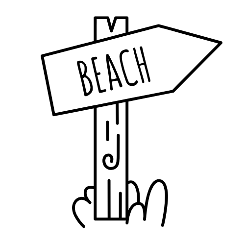 A black and white illustration of a wooden signpost with the word 'BEACH' and an arrow pointing to the right, surrounded by small palm tree icons at the bottom.
