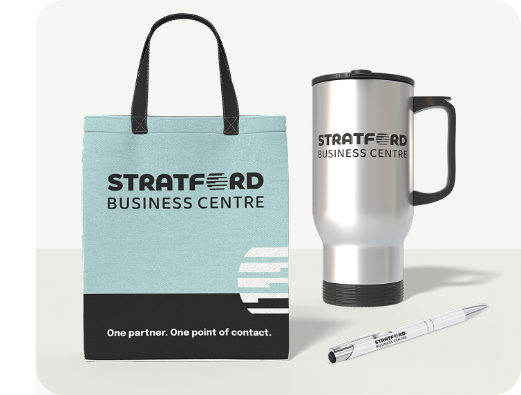 Pink tote bag, silver travel mug, and white marker with 'YOUR LOGO' printed, all on a white surface.