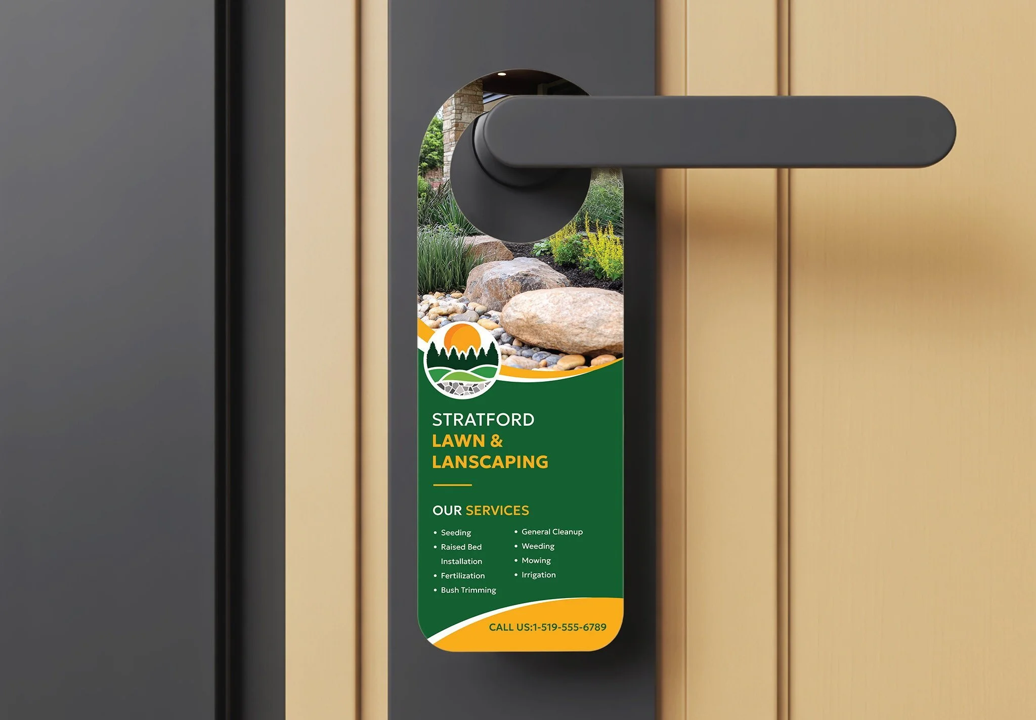 Lawn and landscaping business door hanger with services listed and contact number.