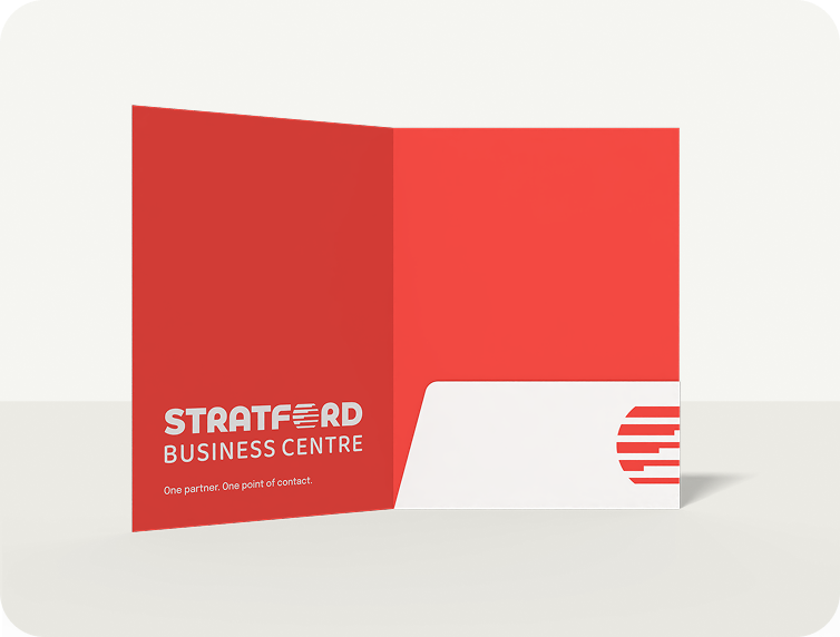 Mockup of an A4-sized office folder with a white cover, yellow tab, and gray inner section with text.