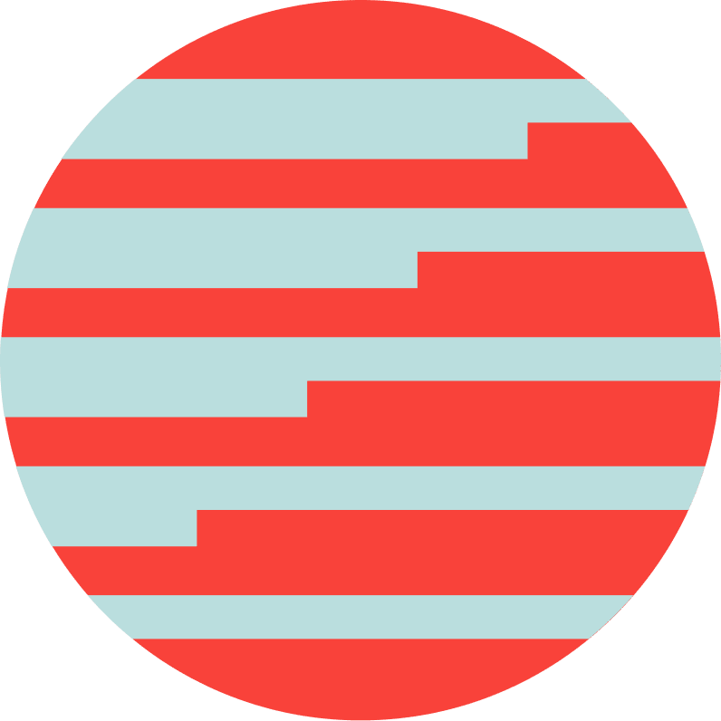 A circular abstract pattern with alternating light blue and red horizontal stripes of varying lengths.