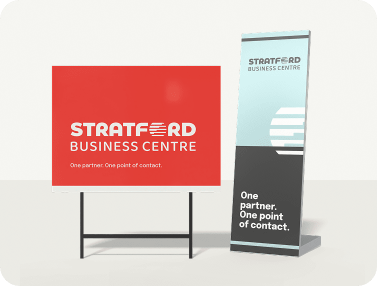 Mockup of a yard sign and a stand-up sign, both with placeholder text for sign design examples.