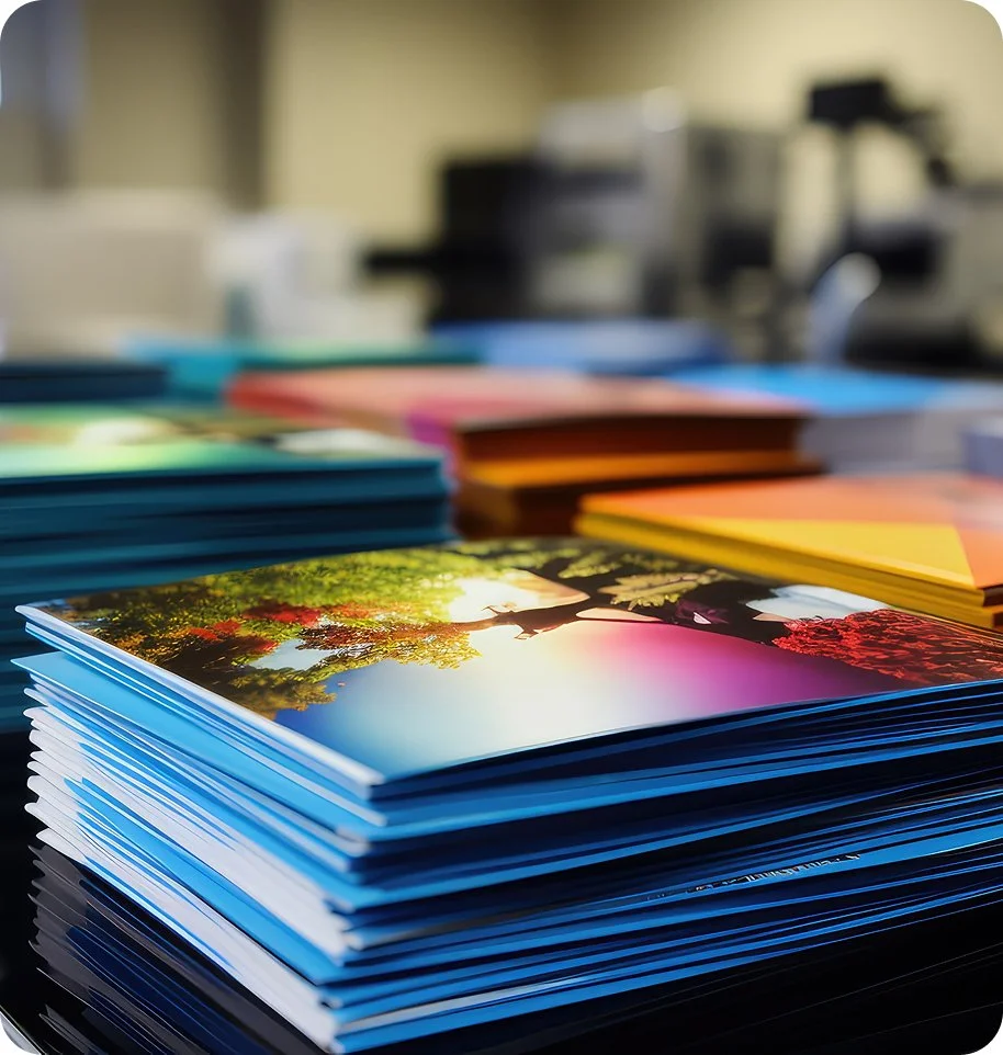 Stacks of colorful brochures or booklets with nature imagery, on a table in an office or printing area.