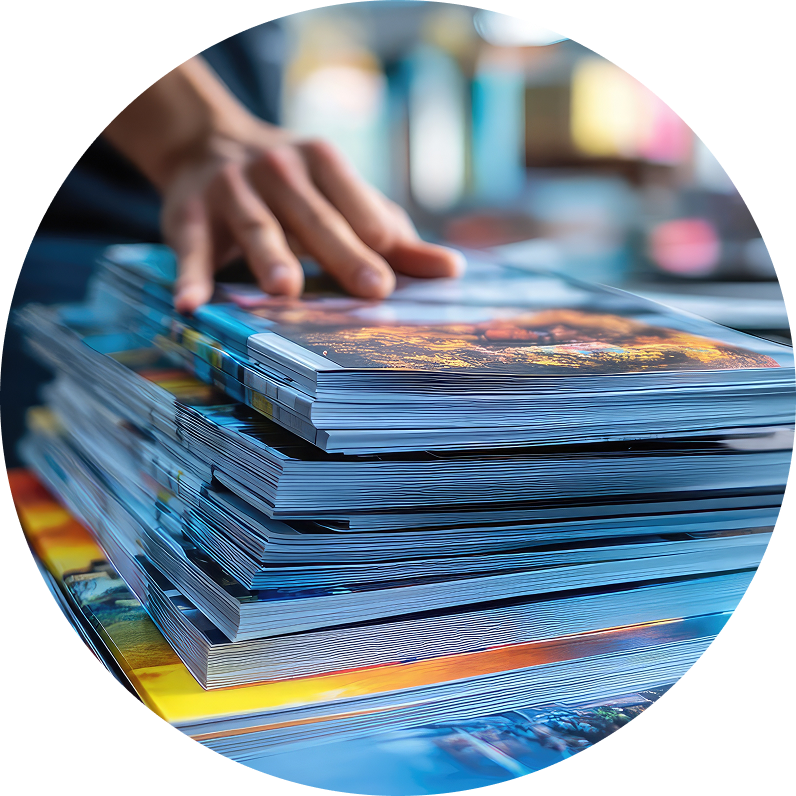 Close-up of a person's hand browsing through a stack of colorful magazines on a table.
