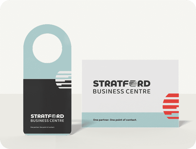 Door hanger mockup with a postcard mockup beside it, against a light background.