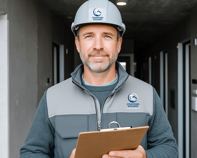 A construction worker with a beard wearing a gray hard hat and vest, holding a clipboard, standing in an unfinished building hallway.