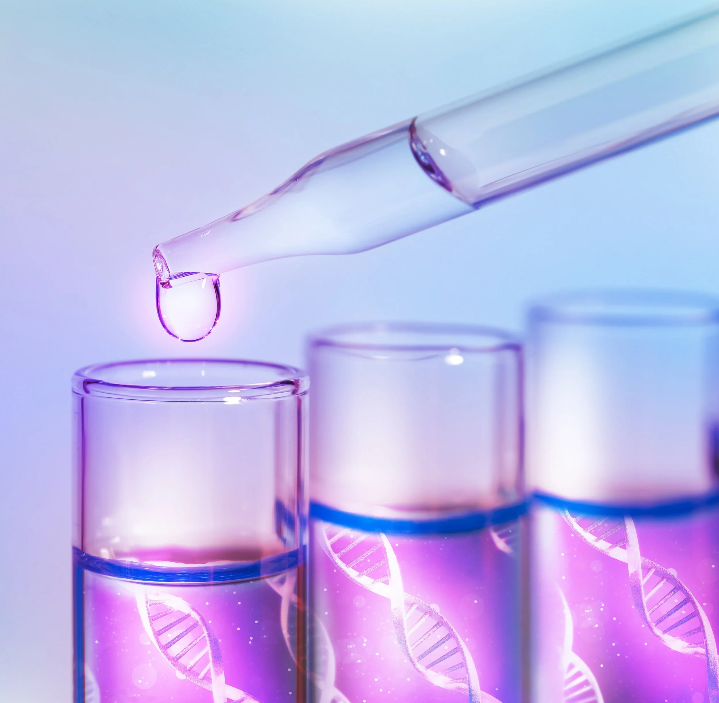 Close-up of a test tube with a droplet forming at the tip, overlaid with a digital DNA strand graphic and glowing background.