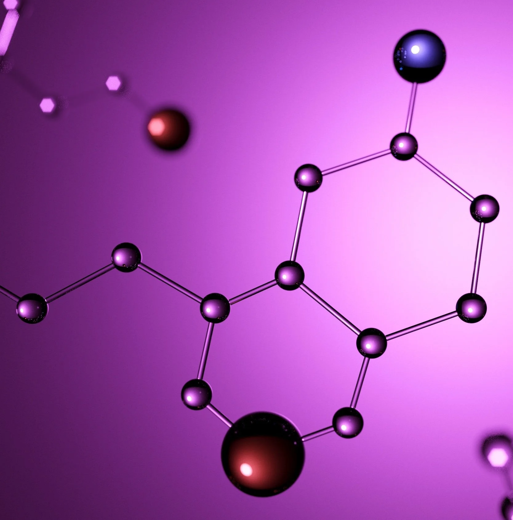 A digital illustration of a molecular structure with purple and black spheres connected by lines, set against a purple background.