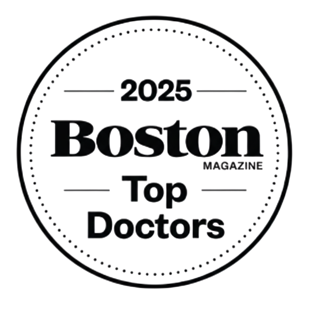 A circular graphic with the text "2025 Boston Top Doctors" and "Magazine" on a dark background, featuring red and blue lines and patterns.