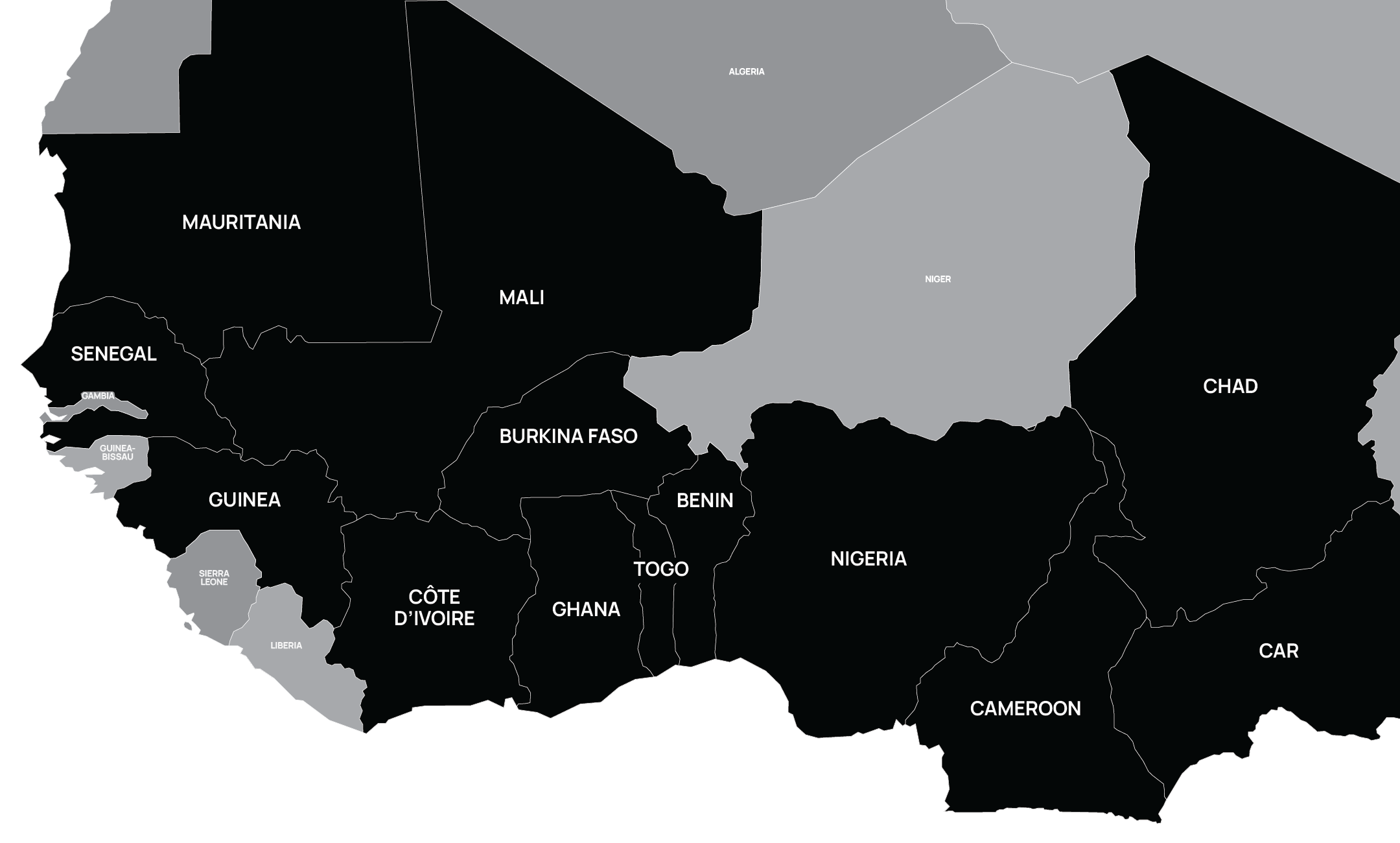 A map of Africa highlighting countries in black and gray, with country names labeled in white, including Mali, Niger, Chad, Nigeria, Ghana, Côte d’Ivoire, Liberia, Sierra Leone, Guinea, Senegal, Mauritania, Algeria, and others.