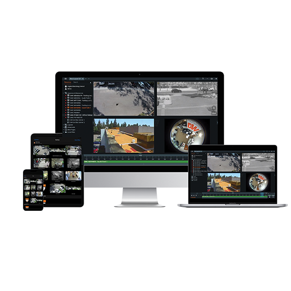 Video management system with server, monitor, and security cameras.